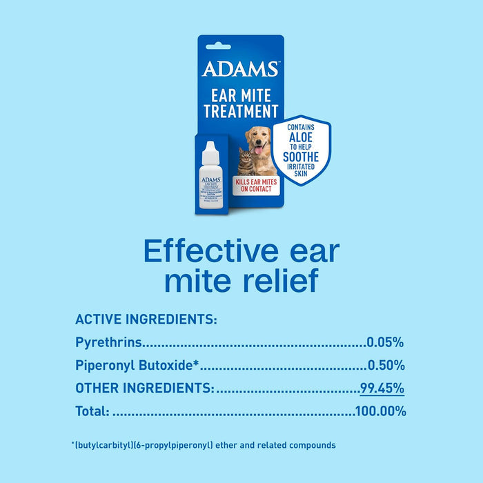 Adams Ear Mite Treatment for Dogs & Cats 0.5oz Kills Mites Fast Soothes Pet Ear 2PCK