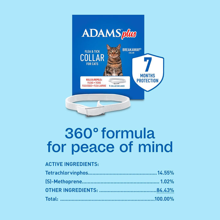 Adams Plus Flea & Tick Collar for Cats Water-Resistant Up to 7 Months Protection 3PCK