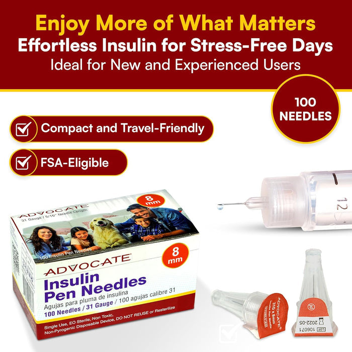 Advocate Insulin Pen Needles 8mm 31 Gauge Box of 100 Needles