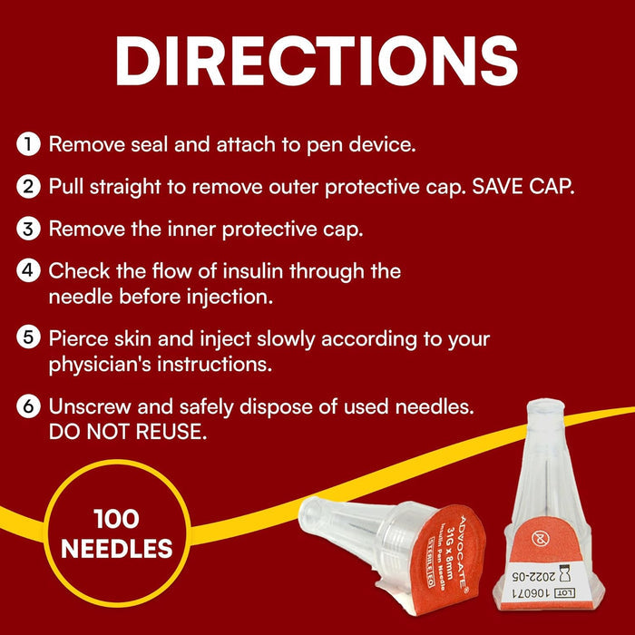 Advocate Insulin Pen Needles 8mm 31 Gauge Box of 100 Needles