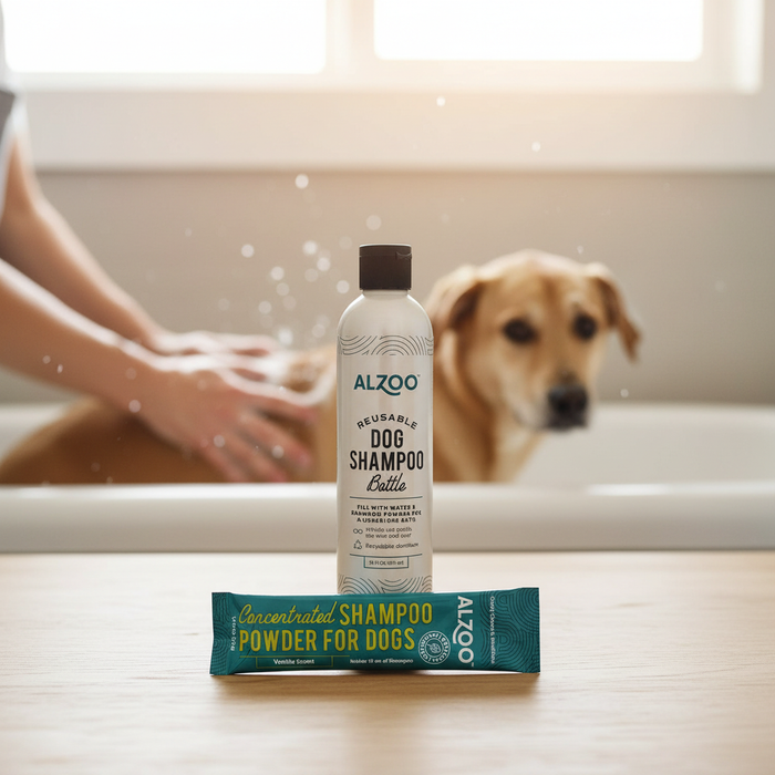 ALZOO Reusable Dog Shampoo Bottle & Vanilla Powder Shampoo Bundle Set