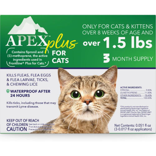 Apex Plus Flea & Tick Treatment for Cats 1.5lbs+ 3 Month Supply Waterproof EPA