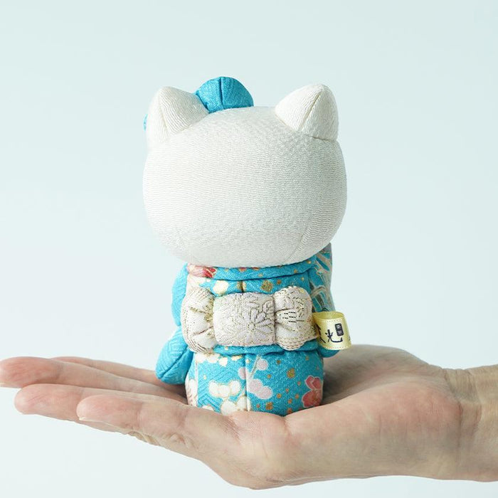 Handcrafted Hello Kitty maneki neko lucky cat doll in blue kimono held in palm | Edo art dolls, Kakinuma Dolls