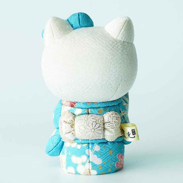 Hello Kitty maneki neko lucky cat doll in blue floral kimono, rear view | Edo art dolls, Kakinuma Dolls