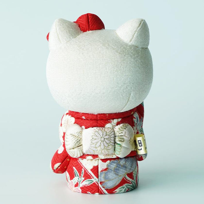 Handcrafted maneki neko lucky cat Hello Kitty doll in red floral kimono, back view | Edo art dolls, Kakinuma Dolls