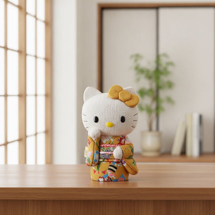 [BECKONING (LUCKY) CAT] HELLO KITTY (YELLOW) | EDO ART DOLLS | KAKINUMA DOLLS｜使用イメージ（演出・室内設置）※手作りのため色・風合いは一点ごとに異なります