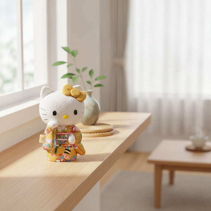 [BECKONING (LUCKY) CAT] HELLO KITTY (YELLOW) | EDO ART DOLLS | KAKINUMA DOLLS｜使用イメージ（演出・室内設置）※手作りのため色・風合いは一点ごとに異なります