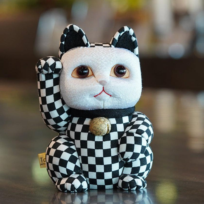 Black-and-white checkered maneki neko lucky cat doll | Edo art doll craft | Kakinuma Dolls, Japan