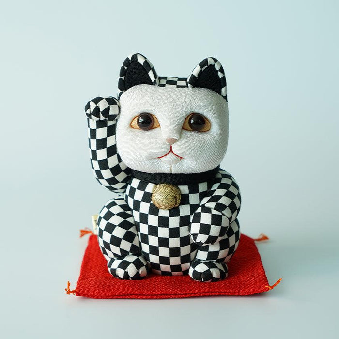 Maneki neko lucky cat doll in black-and-white checkered pattern, Edo art doll | Japan, Kakinuma Dolls