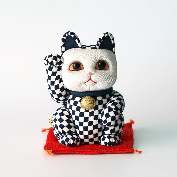 [BECKONING (LUCKY) CAT] MANEKI NEKO CHECKERED PATTERN BLUE (M) | EDO ART DOLLS | KAKINUMA DOLLS