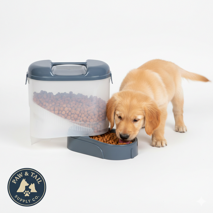 Bergan Pet Travel Feeder Blue Auto-Flow Food Dispenser Adjustable Bowl