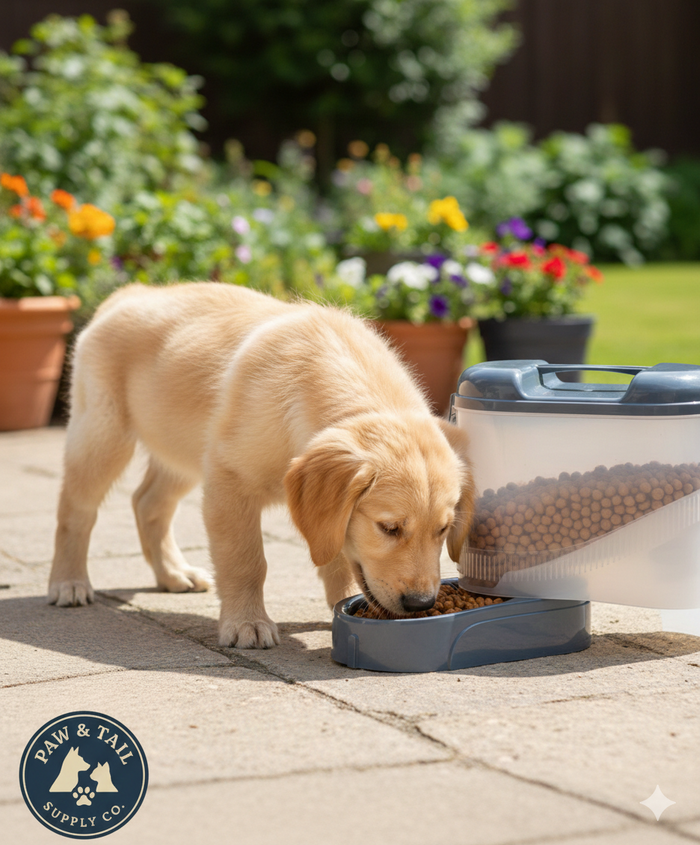 Bergan Pet Travel Feeder Blue Auto-Flow Food Dispenser Adjustable Bowl