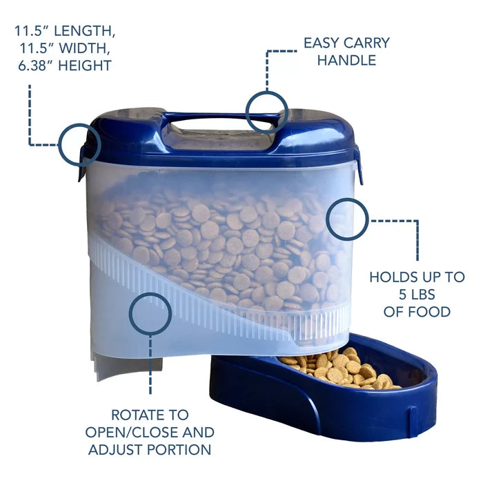 Bergan Pet Travel Feeder Blue Auto-Flow Food Dispenser Adjustable Bowl