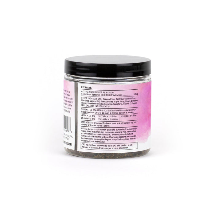 LIX BITES human grade CBD soft chews for dogs in a 40 count container