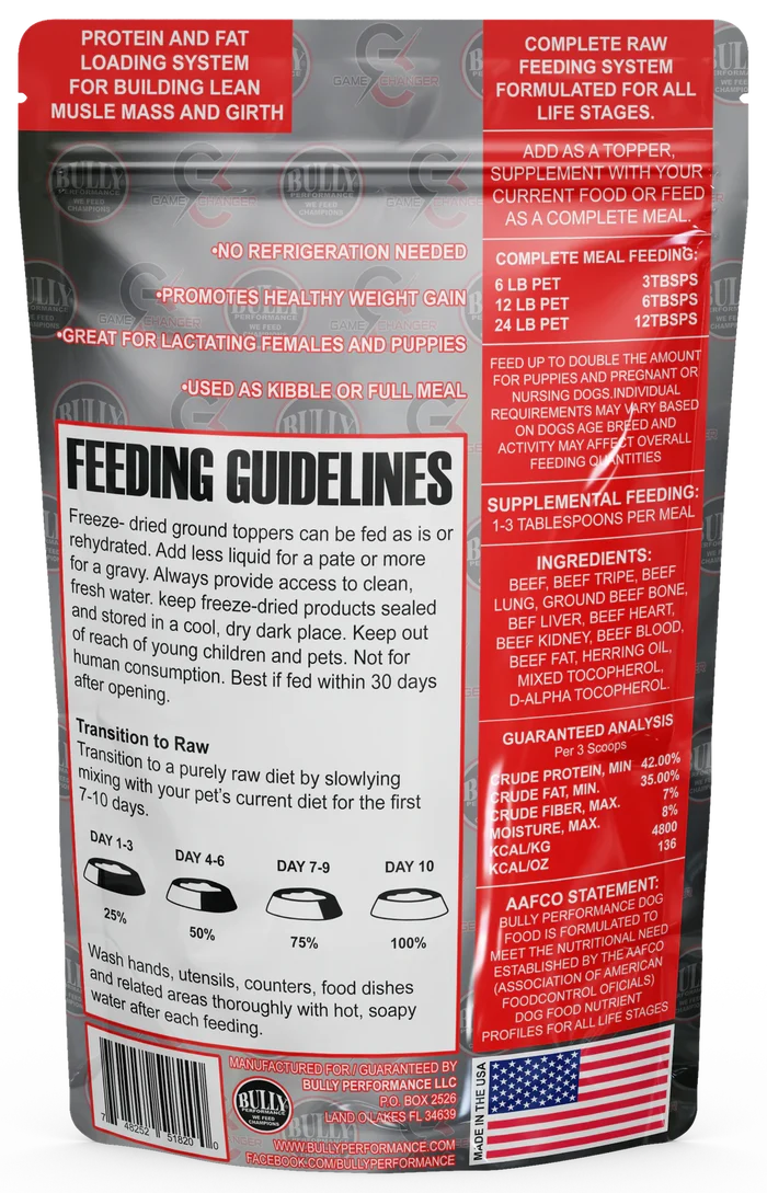 Bully Performance Game Changer Freeze-Dried Raw Beef Dog Food 1lb