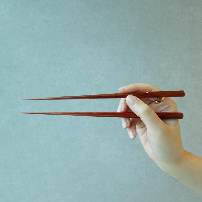 Hand holding red hexagonal bamboo chopsticks with Wakasa lacquer finish | Matsukan, Japan