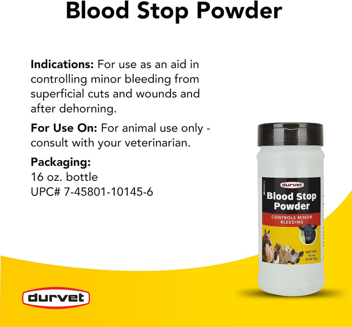 Durvet Blood Stop Powder for Livestock First Aid 16 oz.
