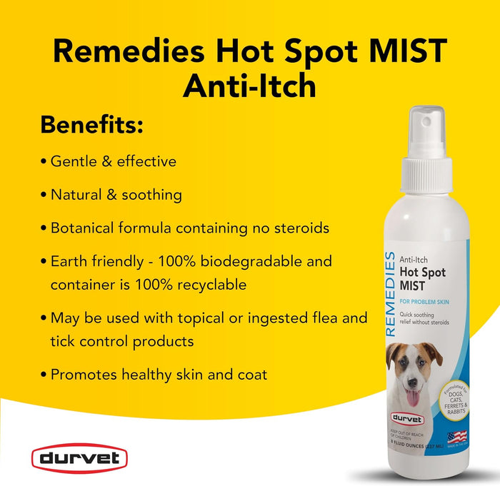 Durvet Naturals Hot Spot Mist Soothing Anti-Itch Spray Dogs Cats Pets 8 oz.