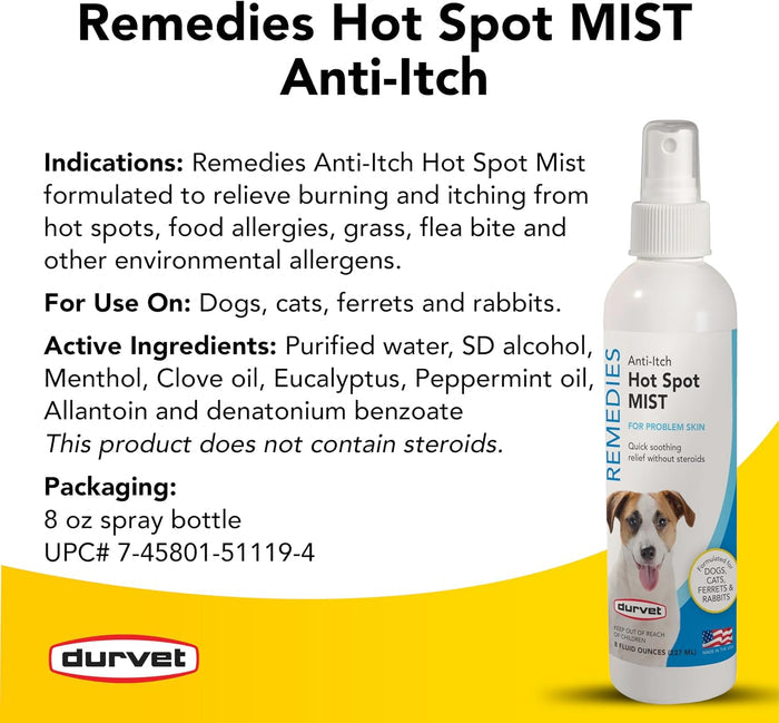 Durvet Naturals Hot Spot Mist Soothing Anti-Itch Spray Dogs Cats Pets 8 oz.