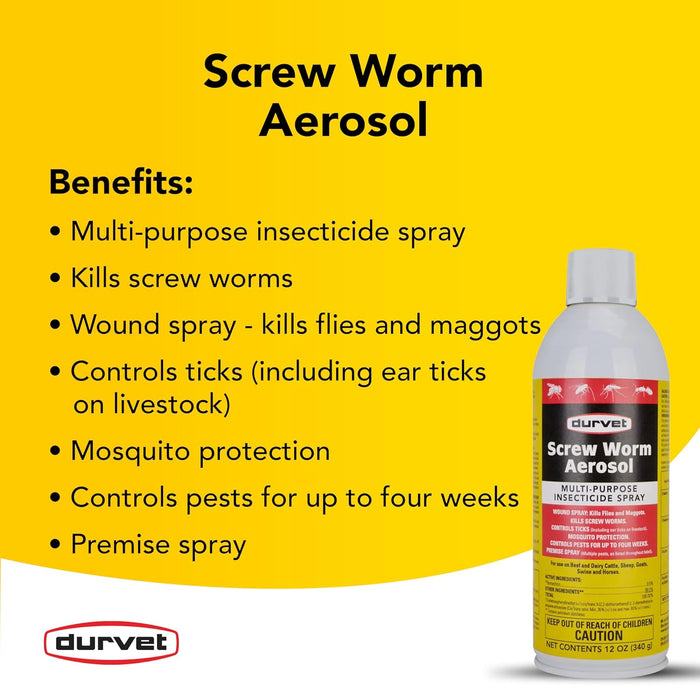 Durvet Screw Worm Aerosol Spray Livestock Fly & Tick Control 12 oz.