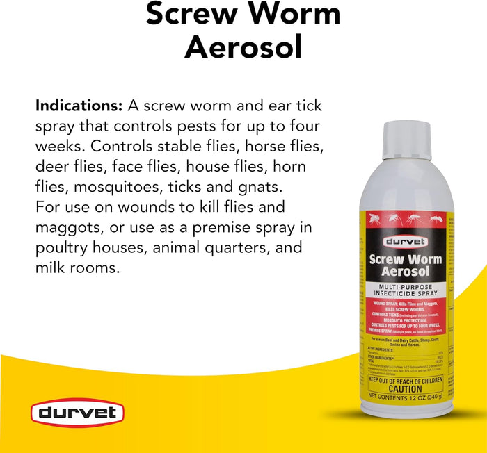 Durvet Screw Worm Aerosol Spray Livestock Fly & Tick Control 12 oz.