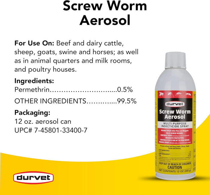 Durvet Screw Worm Aerosol Spray Livestock Fly & Tick Control 12 oz.