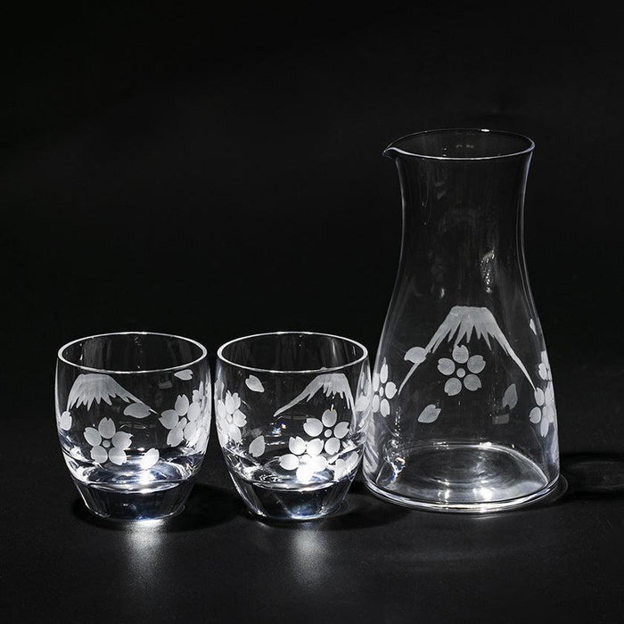 [EDO KIRIKO] MT. FUJI AND CHERRY BLOSSOM THREE-PIECE SET FOR SAKE | TABLEAU
