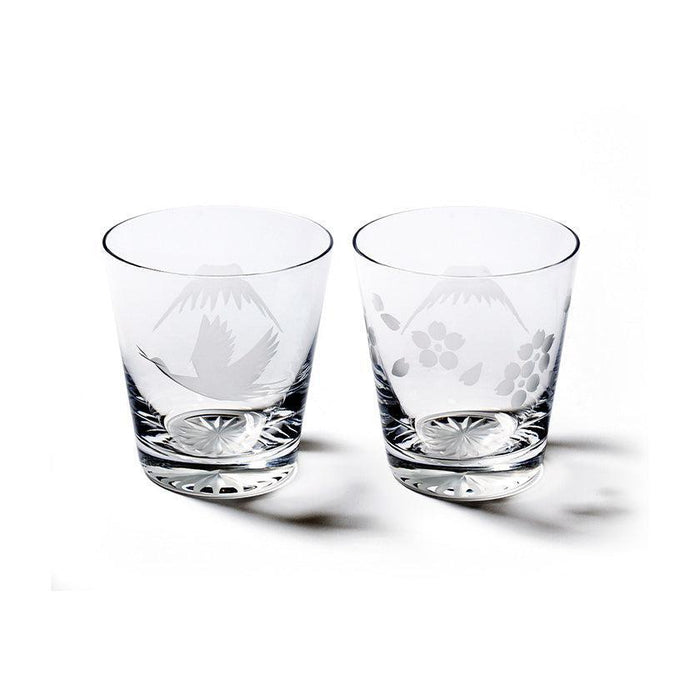 [EDO KIRIKO] "MT. FUJI" AND "CRANE" "CHERRY BLOSSOM" OLD-FASHIONED GLASS | TABLEAU