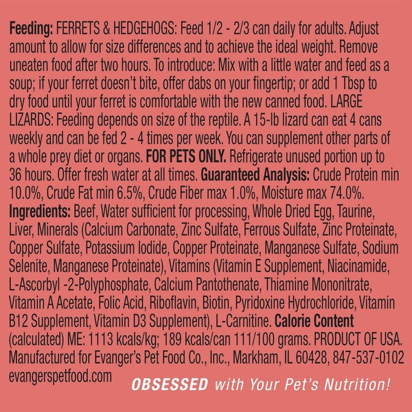 Evanger's Beef Dinner for Ferrets & Exotic Pets Grain Free 6 oz. Can 12-Pack