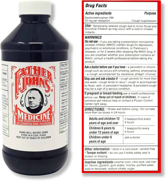 Father John's Cough Medicine Suppressant Syrup 4 oz. Cod Liver Oil Base Alcohol Free