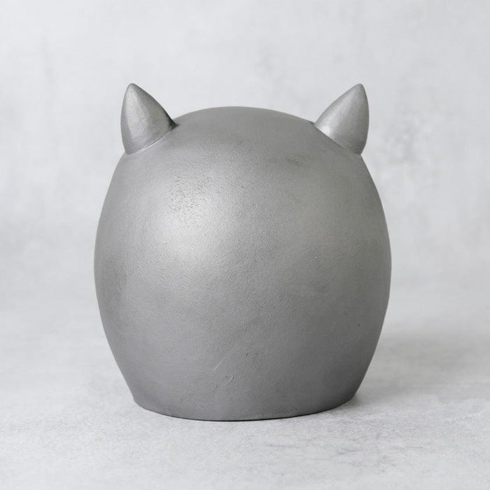 Oni-Daruma cat-eared sculpture in silver-grey Awaji onigawara craft, rear view | Awaji, GAROU