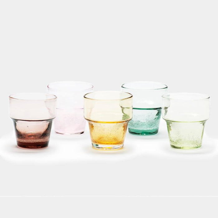 Set of five multicolor Ryukyu glass tumblers in pink, yellow, teal, and green | Okinawa, aeru