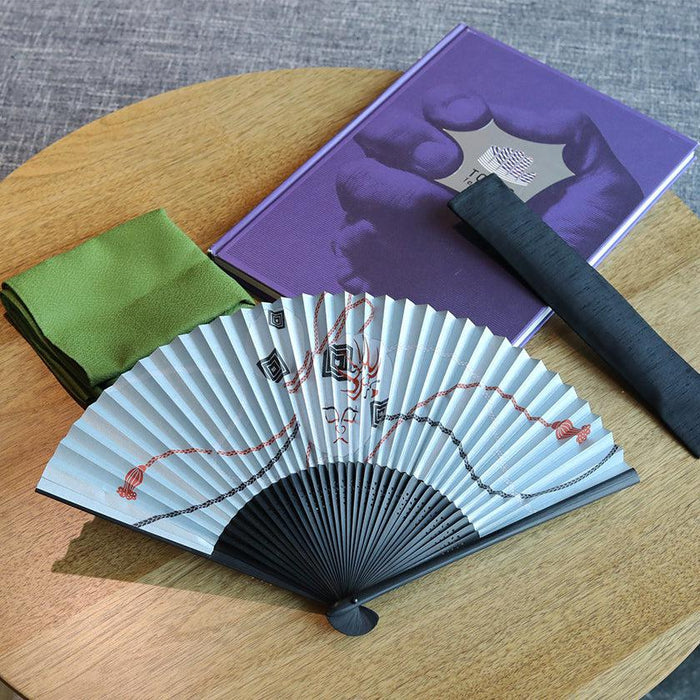 Japanese folding fan with Kabuki kumadori design, open on wooden tray with gift box and pouch | Nagoya folding fan, Suehirodo