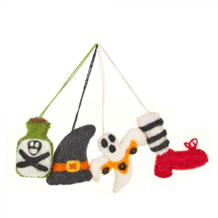 Handmade Felt Halloween Tricks (Set of 4) Hanging Felt Decorations.