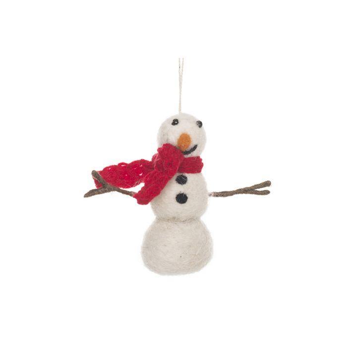 Handmade Felt Snowman with Knitted Scarf Biodegradable Hanging Decoration.