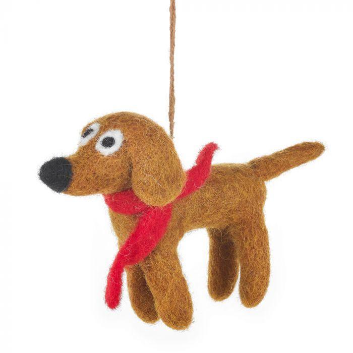 Handmade Hanging Needle Felt Jasper the Dog Biodergadable Decoration.