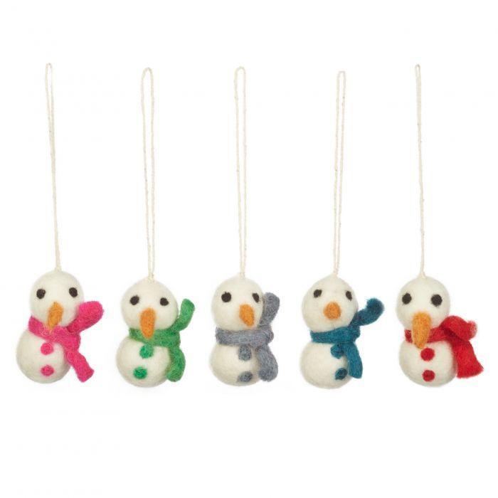 Handmade Felt Boiodegradable Mini Snowmen (Set of 5) Hanging Christmas Decoration.