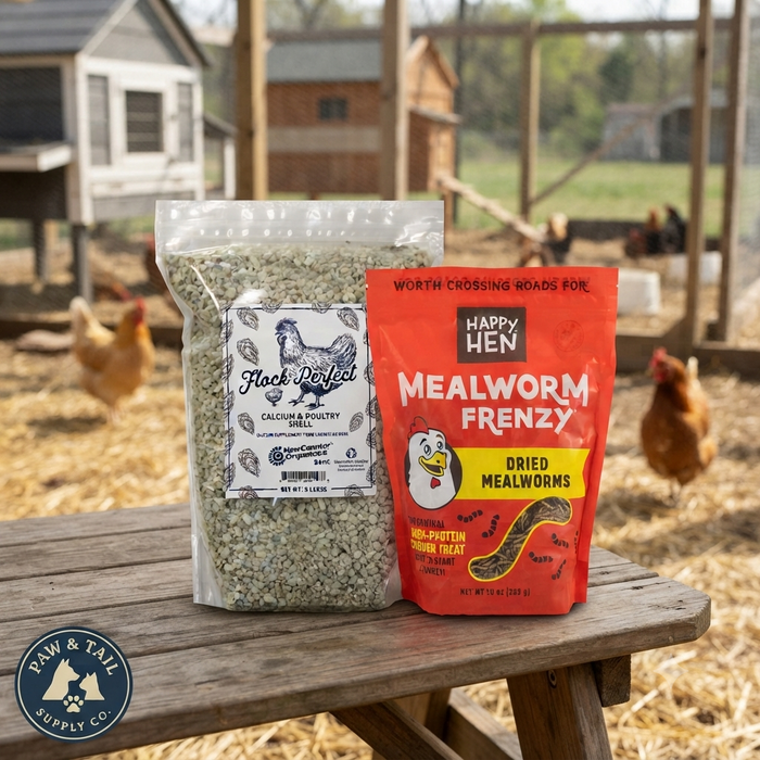 Happy Hen Mealworm Frenzy 10 oz. + Flock Perfect Poultry Shell 8 Lbs High Protein Chicken Treat & Natural Calcium Bundle