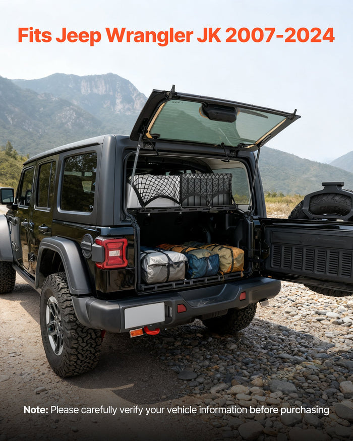 Rear Trunk Cargo Rack, For 2007-2024 Wrangler JK, 300 Lbs Capacity, Carbon Steel Basket Tray Interior Storage Luggage Carrier With Net, Shelf Stand Organizer For Camping Trip Gear, Black - photo 2
