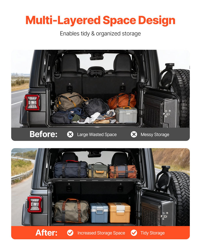 Rear Trunk Cargo Rack, For 2007-2024 Wrangler JK, 300 Lbs Capacity, Carbon Steel Basket Tray Interior Storage Luggage Carrier With Net, Shelf Stand Organizer For Camping Trip Gear, Black - photo 3