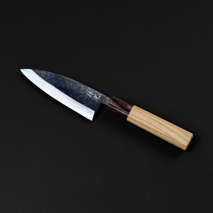 Shinbu deba knife 120mm with hammered black blade and wooden handle | Fukube Kaji, Ishikawa