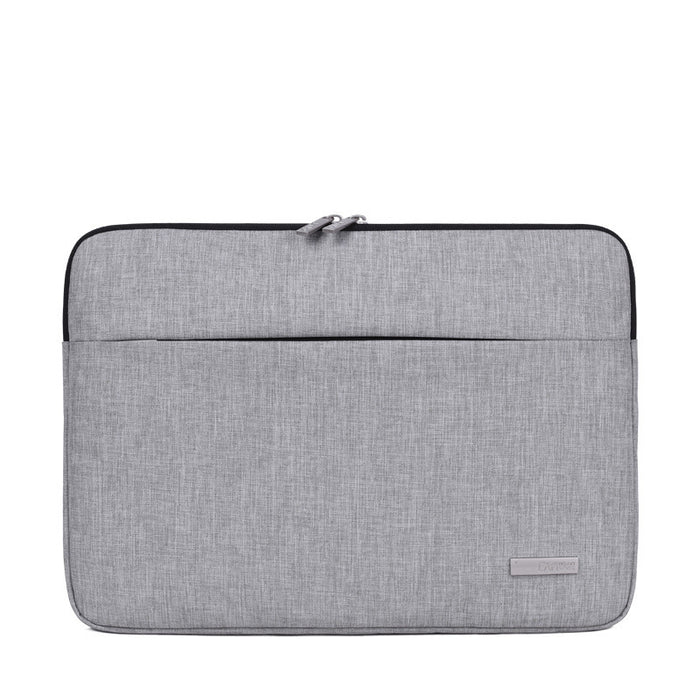 Grey laptop sleeve with front pocket and two zipper pulls