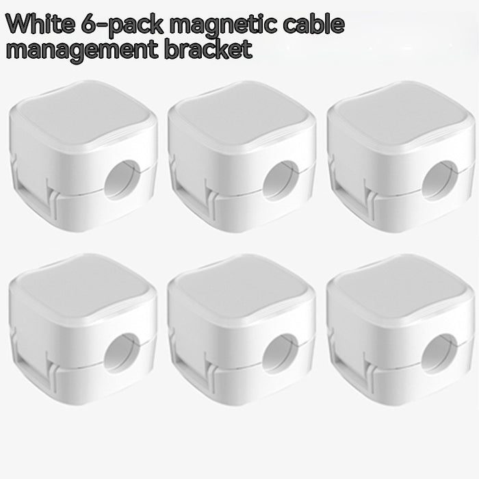 Six white magnetic cable clips with hinged closures