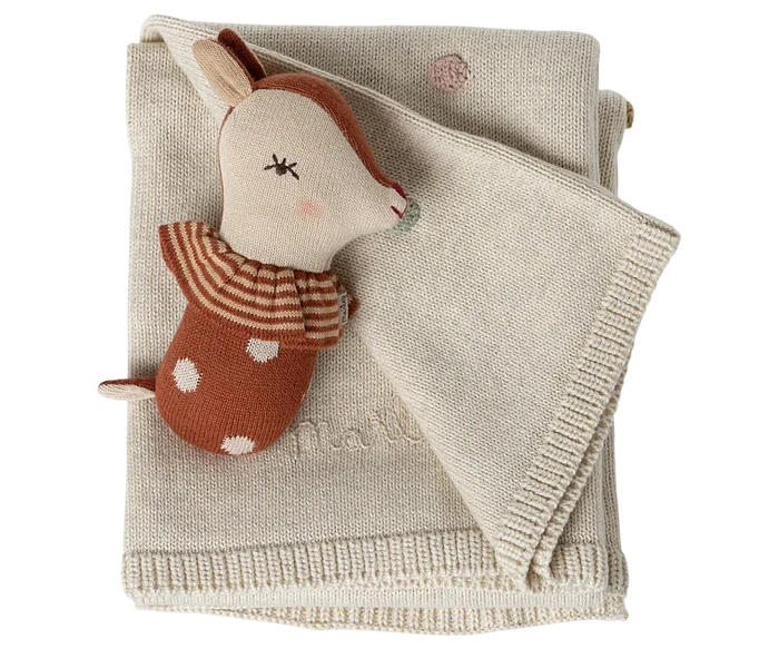 Maileg Baby Gift Set includes Knitted Spotty Blanket, Rattle and Dotty Bag: SOLD OUT