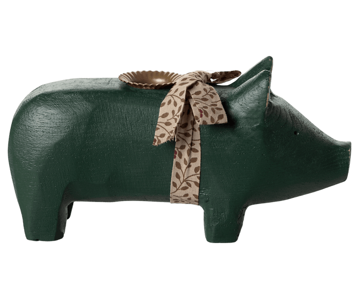 Maileg Pig Candle Holder Green Wood Medium