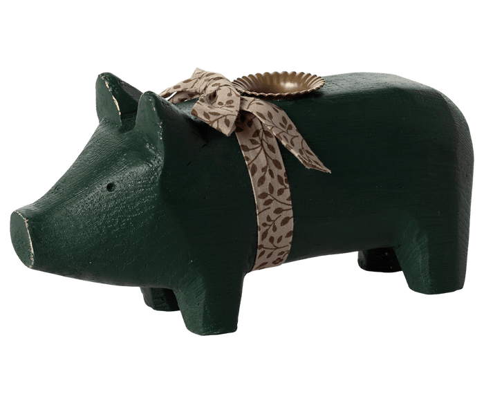 Maileg Pig Candle Holder Green Wood Medium