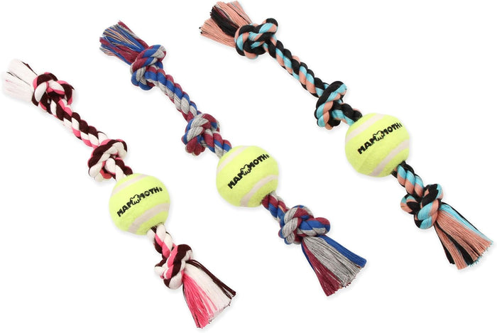 Mammoth Flossy Chews 3 Knot Tug Dog Rope Toy With Tennis Ball 20"