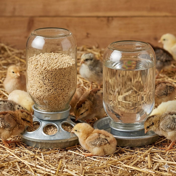 Mason Jar Baby Chick Feeder & Waterer Set - Galvanized Base with Glass Jar Bundle