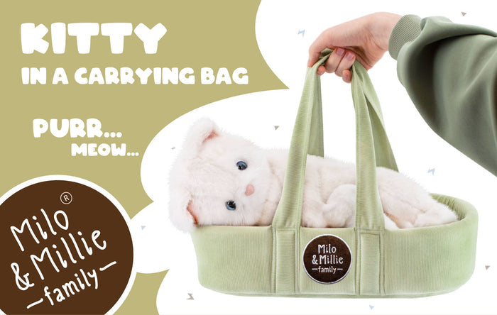 Milo & Millie White Cat with Kitten in Carrycot Bed (40 cm) - 0+: SOLD OUT