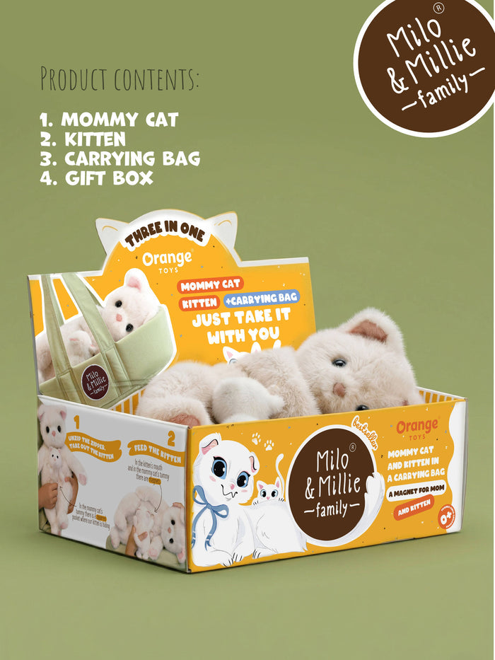 Milo & Millie White Cat with Kitten in Carrycot Bed (40 cm) - 0+: SOLD OUT